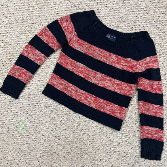 Y2K American Eagle Outfitters Blue Red Striped 100% Cotton Sweater Size Medium - Picture 5 of 8